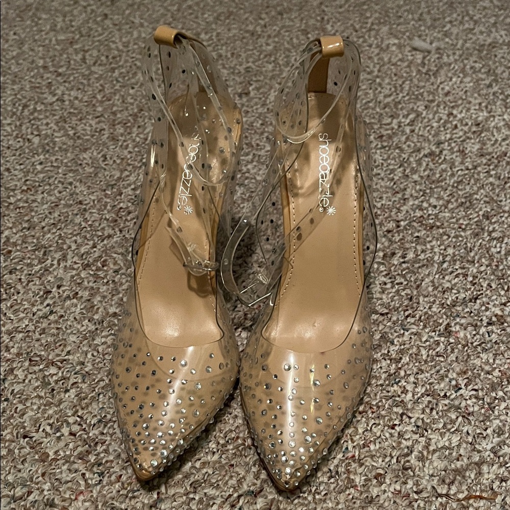 Shoe Dazzle Clear and Tan Studded Heels